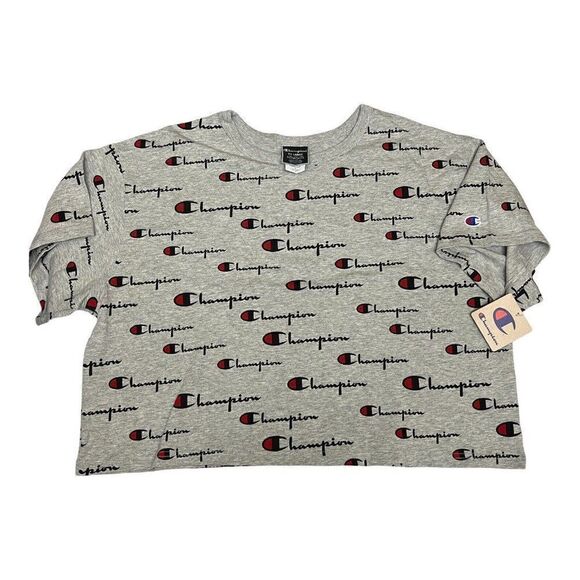 Champion‎ All Over Print Crop T-Shirt Script logo Red Blue Grey - Picture 1 of 6